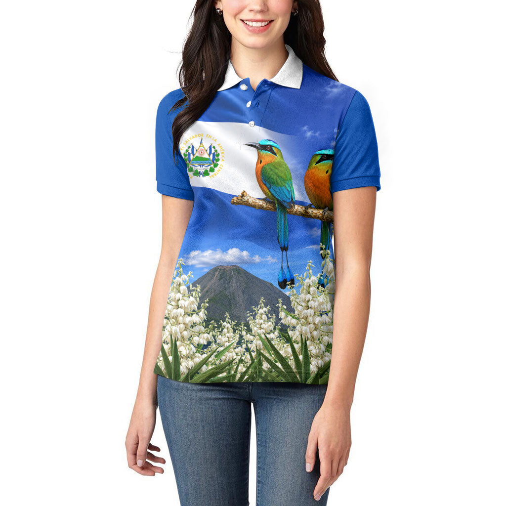 El Salvador Torogoz Bird Women Polo Shirt Divine Savior Monument Volcano Flor De Izote Art