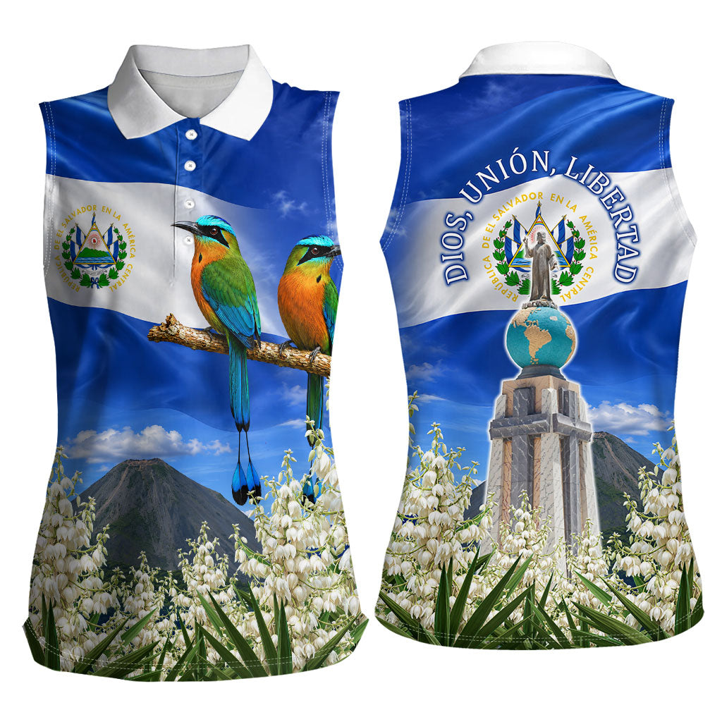 El Salvador Torogoz Bird Women Sleeveless Polo Shirt Divine Savior Monument Volcano Flor De Izote Art