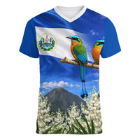 El Salvador Torogoz Bird Women V-Neck T-Shirt Divine Savior Monument Volcano Flor De Izote Art