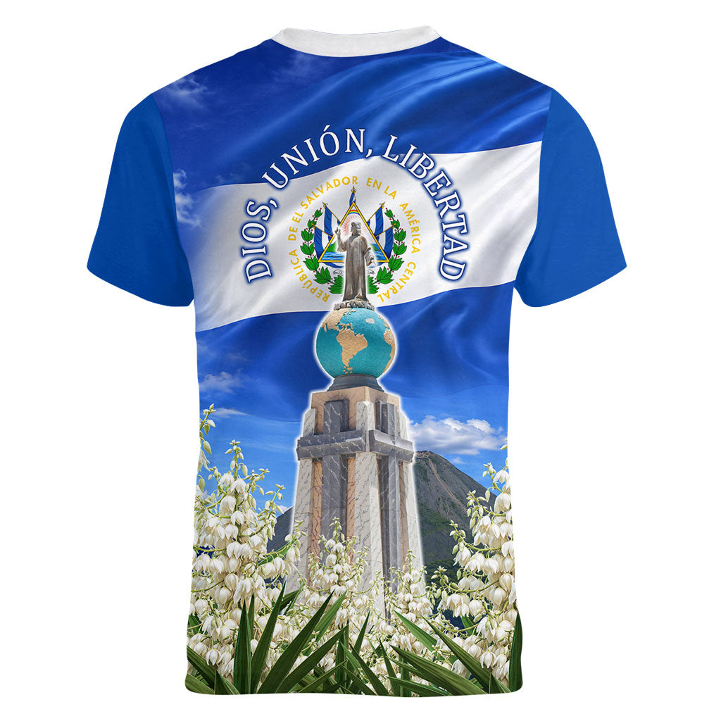 El Salvador Torogoz Bird Women V-Neck T-Shirt Divine Savior Monument Volcano Flor De Izote Art