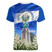 El Salvador Torogoz Bird Women V-Neck T-Shirt Divine Savior Monument Volcano Flor De Izote Art