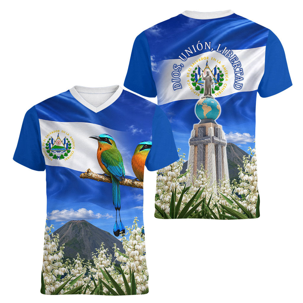El Salvador Torogoz Bird Women V-Neck T-Shirt Divine Savior Monument Volcano Flor De Izote Art