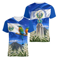 El Salvador Torogoz Bird Women V-Neck T-Shirt Divine Savior Monument Volcano Flor De Izote Art