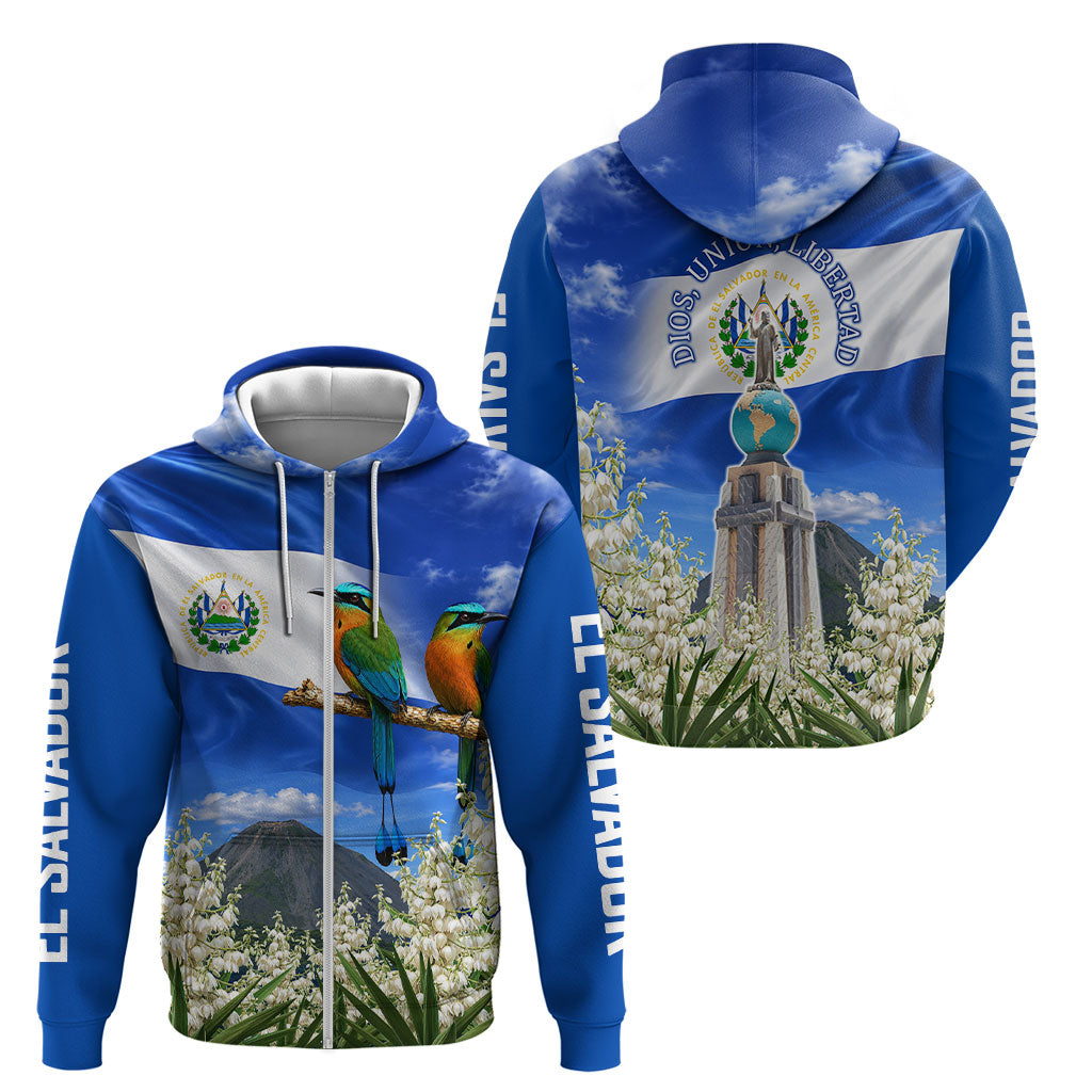 El Salvador Torogoz Bird Zip Hoodie Divine Savior Monument Volcano Flor De Izote Art