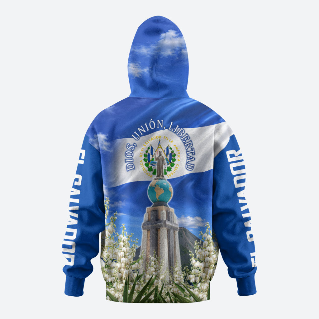 El Salvador Torogoz Bird Zip Hoodie Divine Savior Monument Volcano Flor De Izote Art