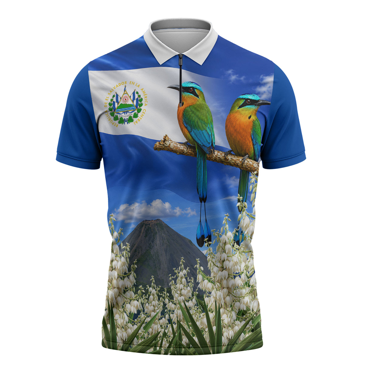 El Salvador Torogoz Bird Zipper Polo Shirt Divine Savior Monument Volcano Flor De Izote Art