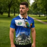 El Salvador Torogoz Bird Zipper Polo Shirt Divine Savior Monument Volcano Flor De Izote Art