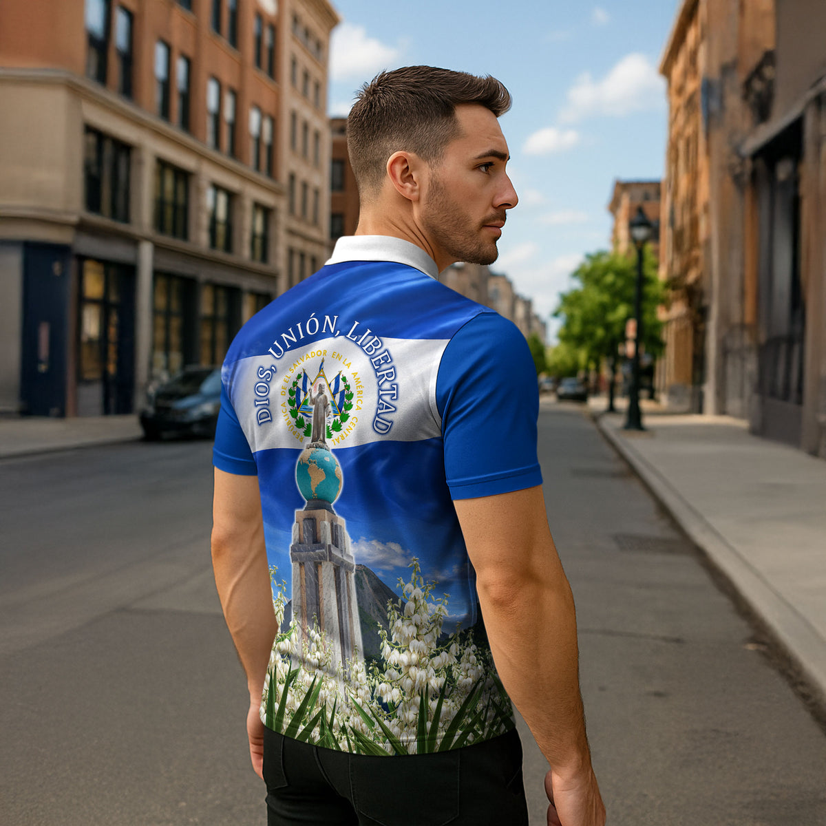 El Salvador Torogoz Bird Zipper Polo Shirt Divine Savior Monument Volcano Flor De Izote Art