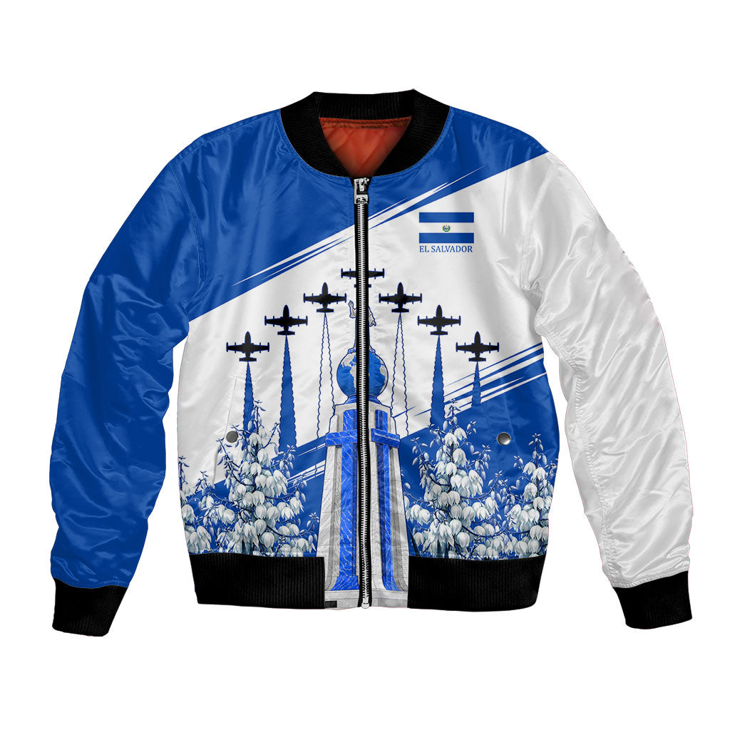 El Salvador Divine Savior Monument Bomber Jacket Flor De Izote Coat Of Arms Fighter Jets Art