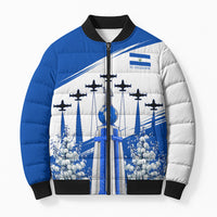 El Salvador Divine Savior Monument Bomber Puffer Jacket Flor De Izote Coat Of Arms Fighter Jets Art