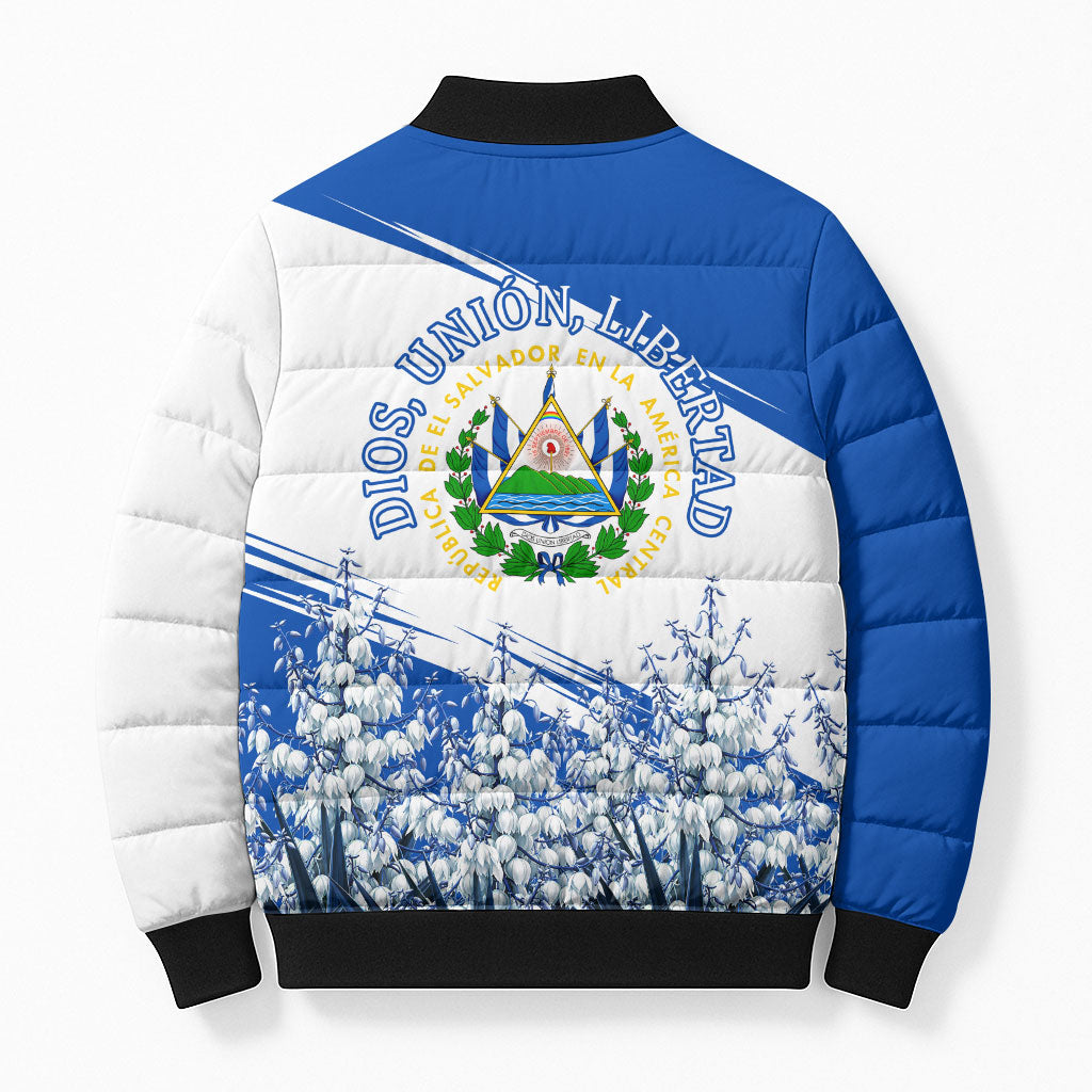 El Salvador Divine Savior Monument Bomber Puffer Jacket Flor De Izote Coat Of Arms Fighter Jets Art