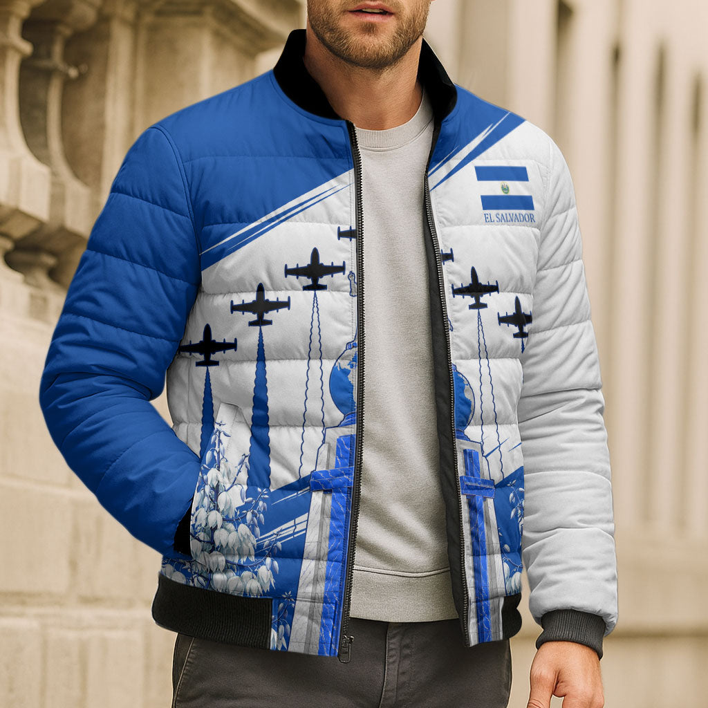 El Salvador Divine Savior Monument Bomber Puffer Jacket Flor De Izote Coat Of Arms Fighter Jets Art