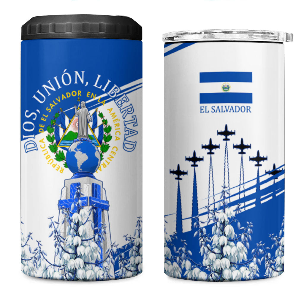 El Salvador Divine Savior Monument 4 in 1 Can Cooler Tumbler Flor De Izote Coat Of Arms Fighter Jets Art