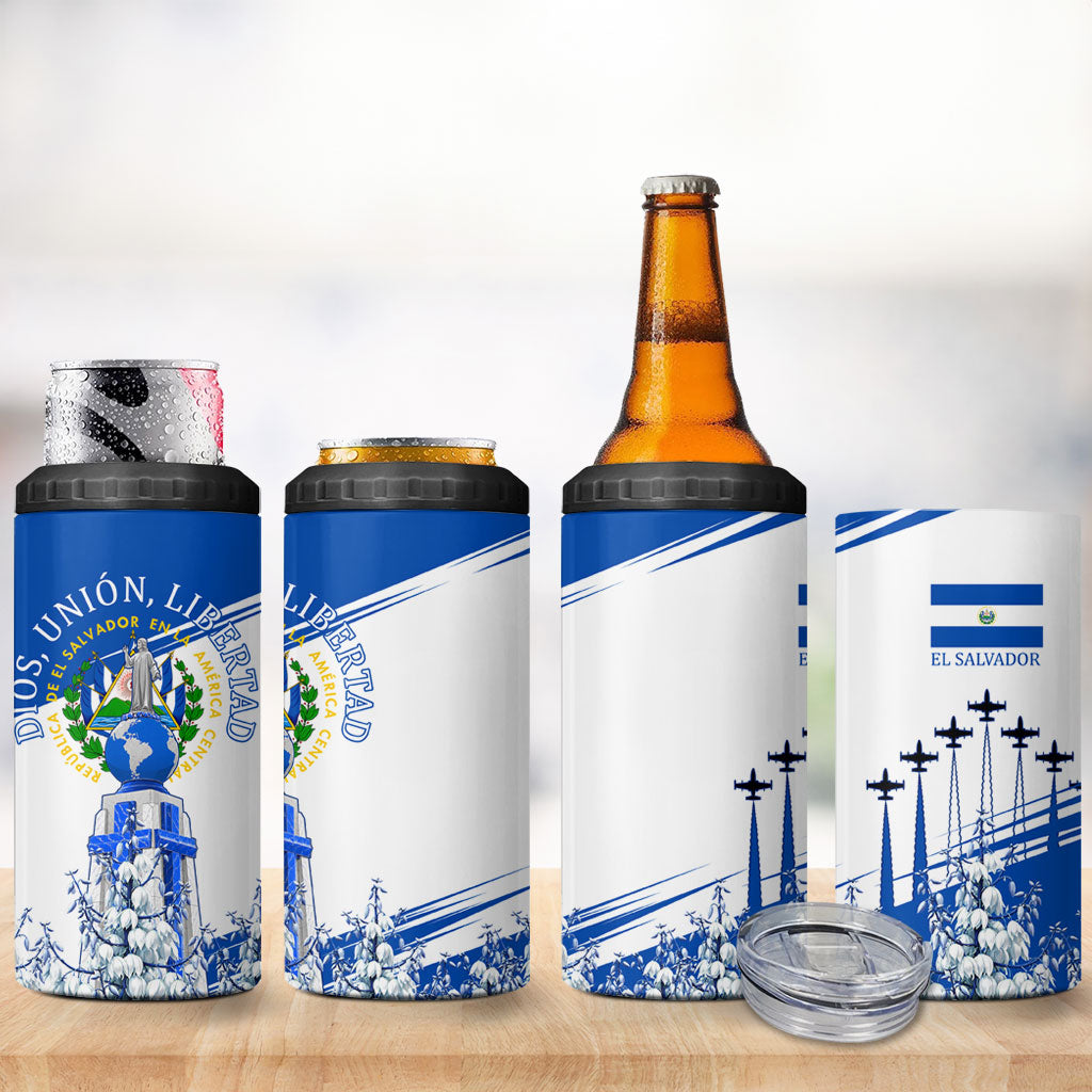 El Salvador Divine Savior Monument 4 in 1 Can Cooler Tumbler Flor De Izote Coat Of Arms Fighter Jets Art