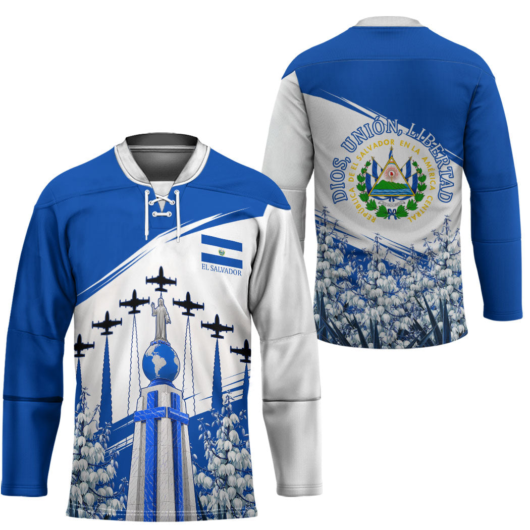 El Salvador Divine Savior Monument Hockey Jersey Flor De Izote Coat Of Arms Fighter Jets Art