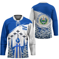El Salvador Divine Savior Monument Hockey Jersey Flor De Izote Coat Of Arms Fighter Jets Art