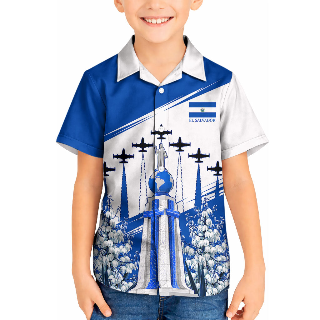 El Salvador Divine Savior Monument Kid Hawaiian Shirt Flor De Izote Coat Of Arms Fighter Jets Art