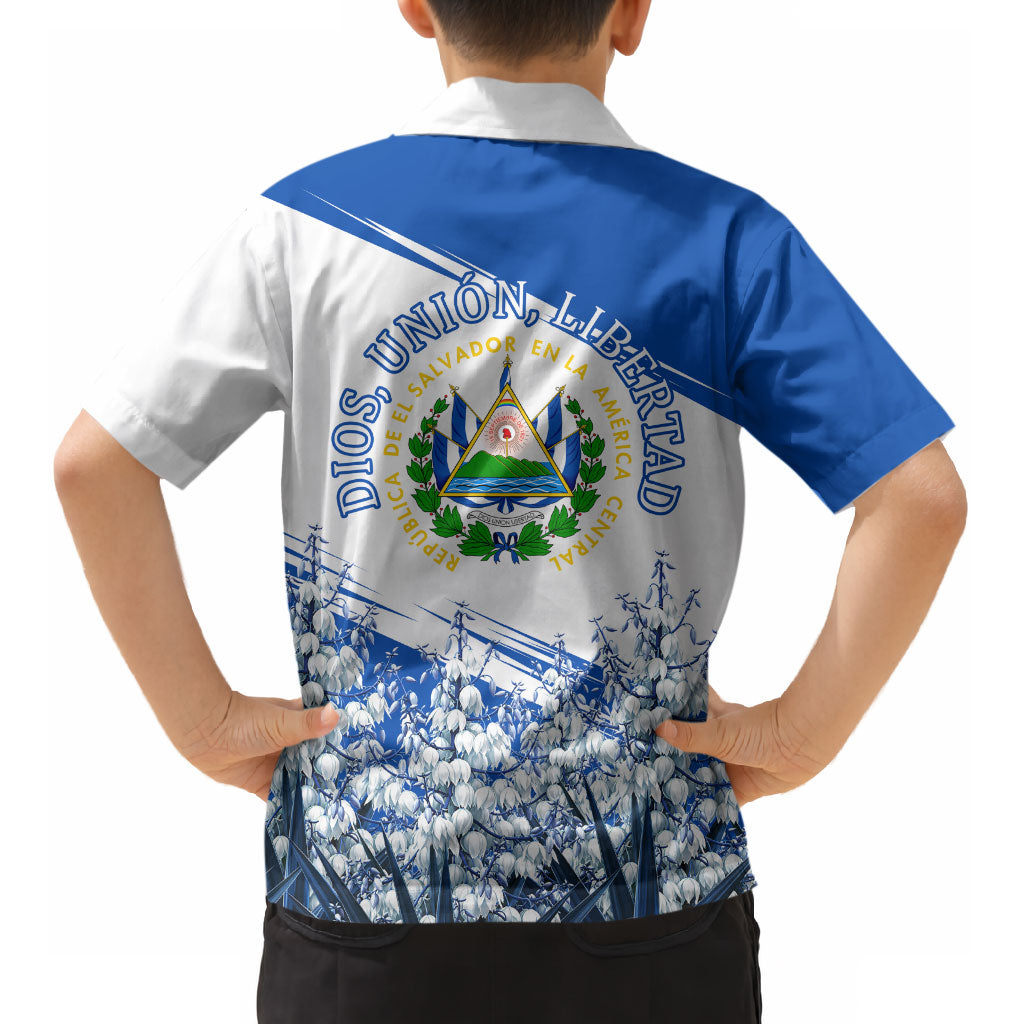 El Salvador Divine Savior Monument Kid Hawaiian Shirt Flor De Izote Coat Of Arms Fighter Jets Art