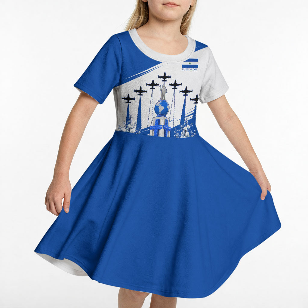 El Salvador Divine Savior Monument Kid Short Sleeve Dress Flor De Izote Coat Of Arms Fighter Jets Art