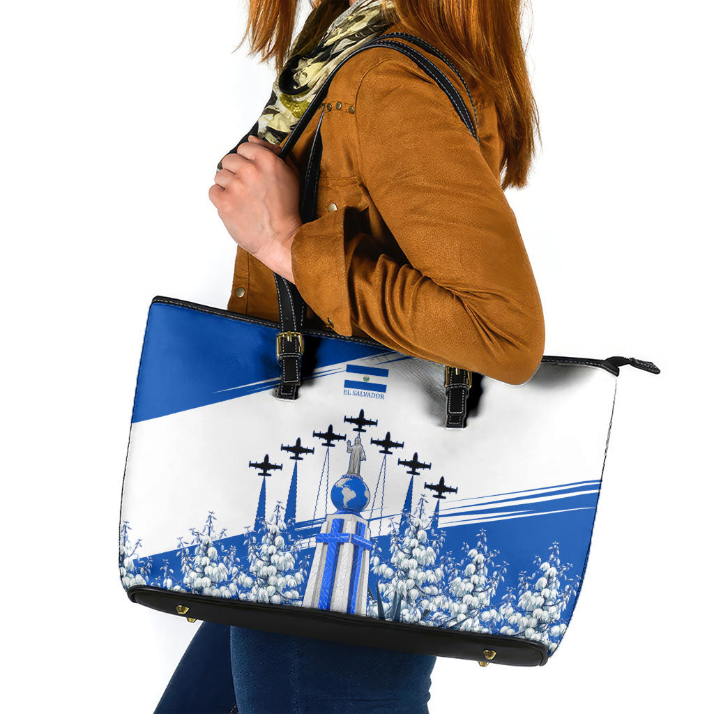 El Salvador Divine Savior Monument Leather Tote Bag Flor De Izote Coat Of Arms Fighter Jets Art