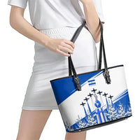 El Salvador Divine Savior Monument Leather Tote Bag Flor De Izote Coat Of Arms Fighter Jets Art