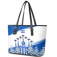 El Salvador Divine Savior Monument Leather Tote Bag Flor De Izote Coat Of Arms Fighter Jets Art