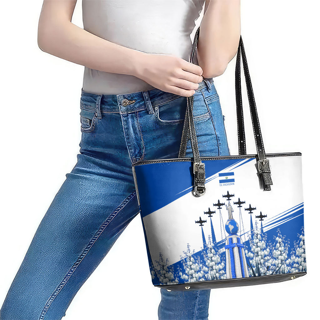 El Salvador Divine Savior Monument Leather Tote Bag Flor De Izote Coat Of Arms Fighter Jets Art