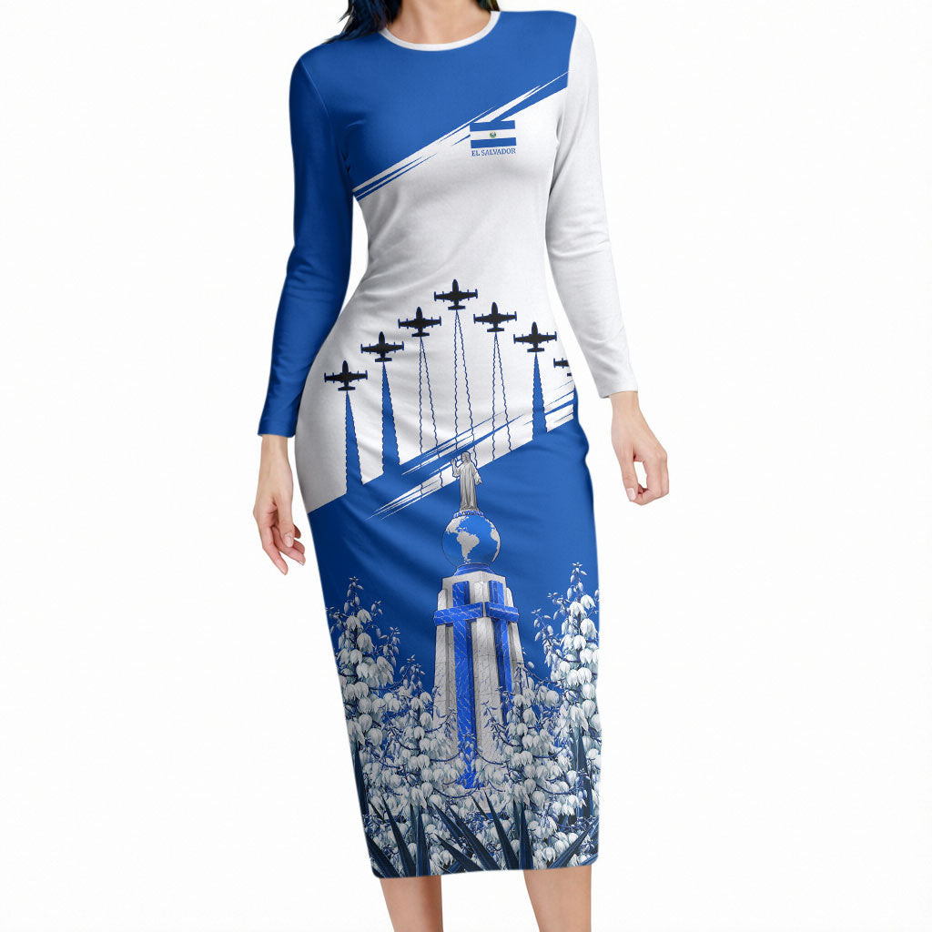 El Salvador Divine Savior Monument Long Sleeve Bodycon Dress Flor De Izote Coat Of Arms Fighter Jets Art