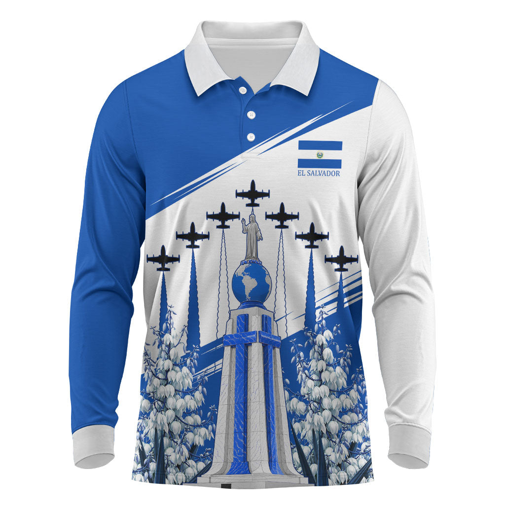 El Salvador Divine Savior Monument Long Sleeve Polo Shirt Flor De Izote Coat Of Arms Fighter Jets Art