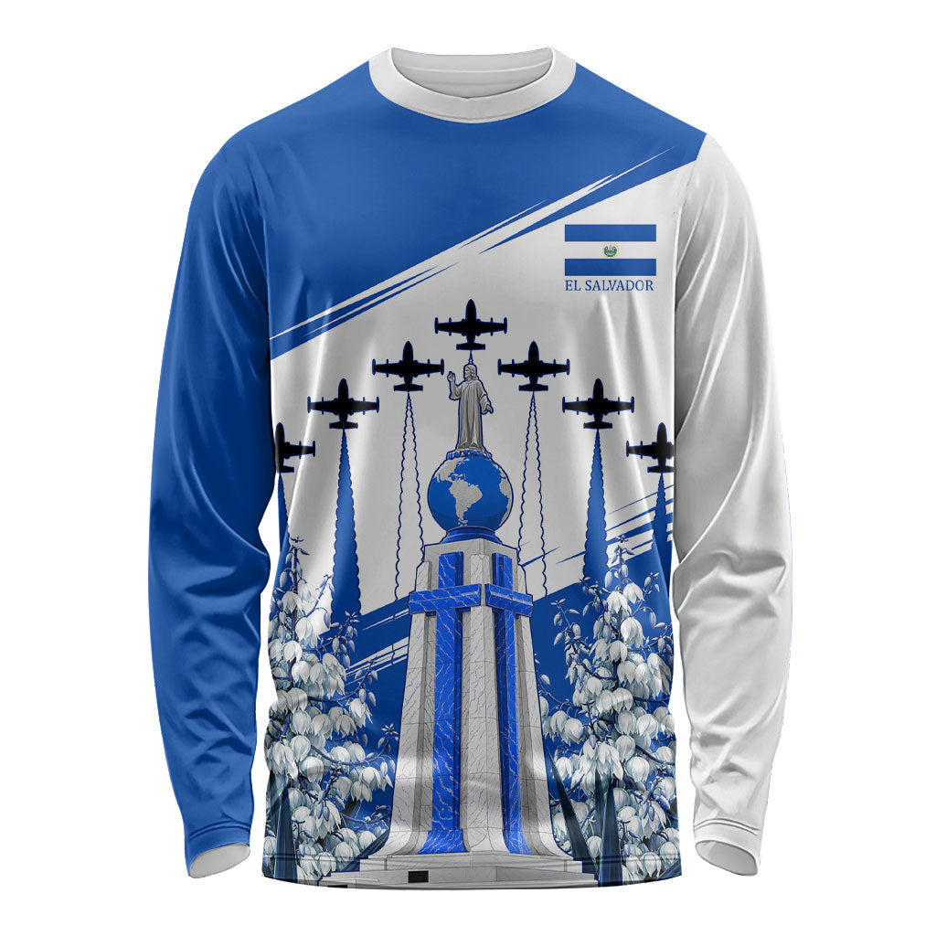El Salvador Divine Savior Monument Long Sleeve Shirt Flor De Izote Coat Of Arms Fighter Jets Art