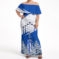 El Salvador Divine Savior Monument Off Shoulder Maxi Dress Flor De Izote Coat Of Arms Fighter Jets Art