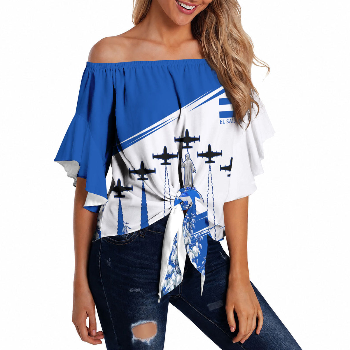 El Salvador Divine Savior Monument Off Shoulder Wrap Waist Top Flor De Izote Coat Of Arms Fighter Jets Art