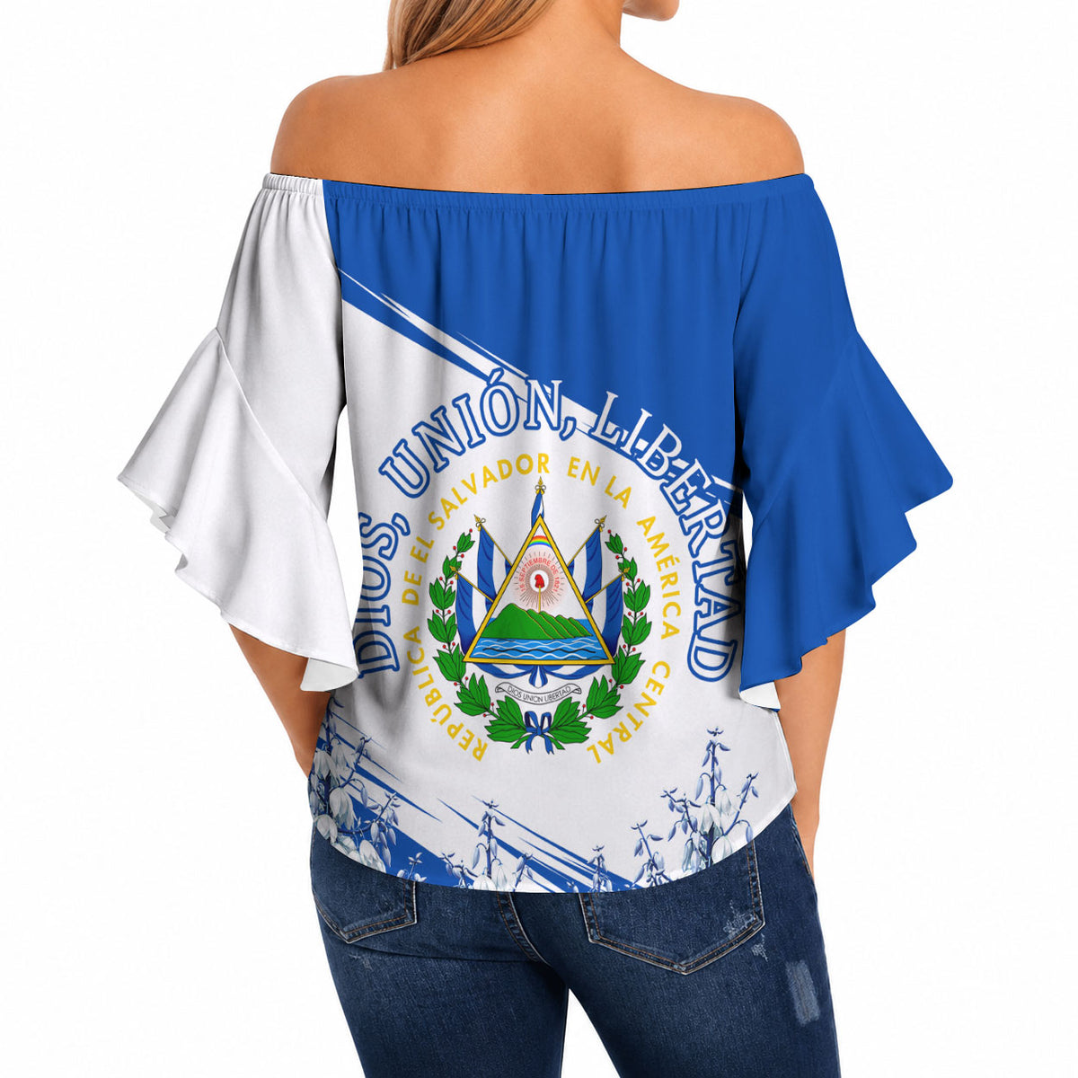 El Salvador Divine Savior Monument Off Shoulder Wrap Waist Top Flor De Izote Coat Of Arms Fighter Jets Art