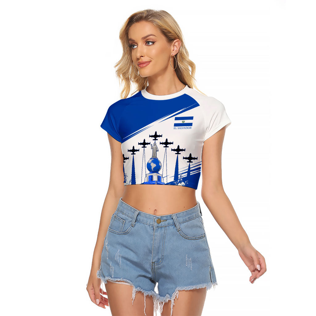El Salvador Divine Savior Monument Raglan Cropped T Shirt Flor De Izote Coat Of Arms Fighter Jets Art