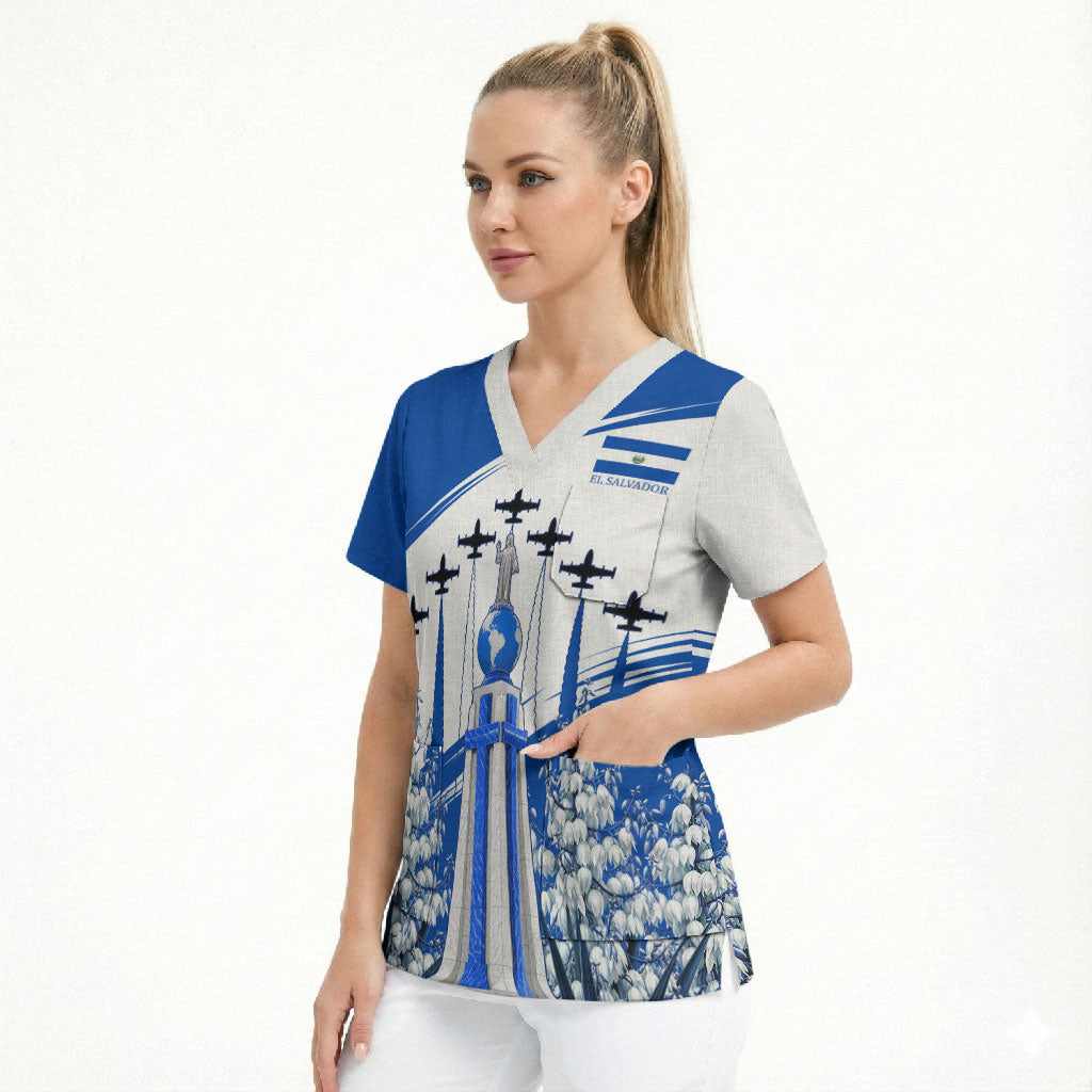 El Salvador Divine Savior Monument Scrub Top Flor De Izote Coat Of Arms Fighter Jets Art