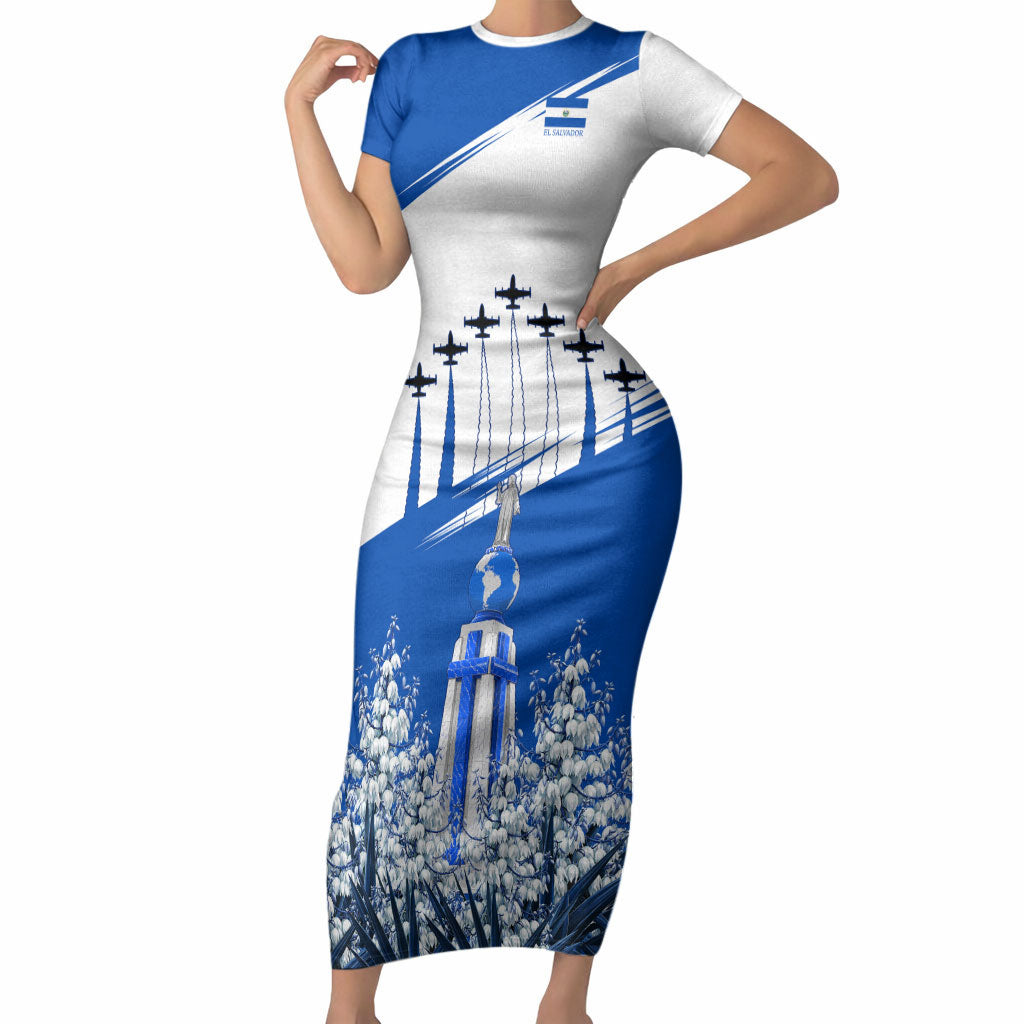 El Salvador Divine Savior Monument Short Sleeve Bodycon Dress Flor De Izote Coat Of Arms Fighter Jets Art