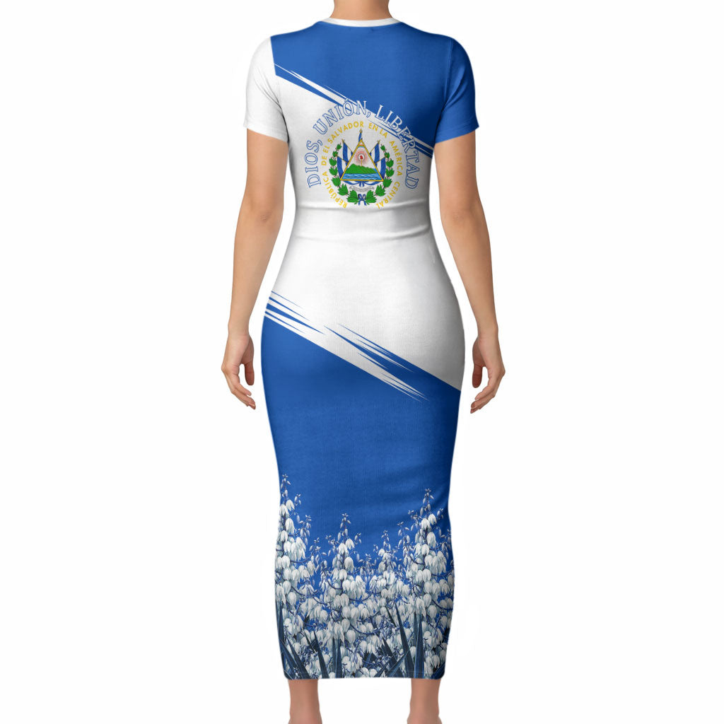 El Salvador Divine Savior Monument Short Sleeve Bodycon Dress Flor De Izote Coat Of Arms Fighter Jets Art
