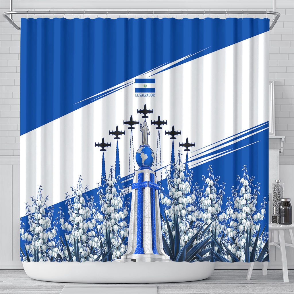 El Salvador Divine Savior Monument Shower Curtain Flor De Izote Coat Of Arms Fighter Jets Art