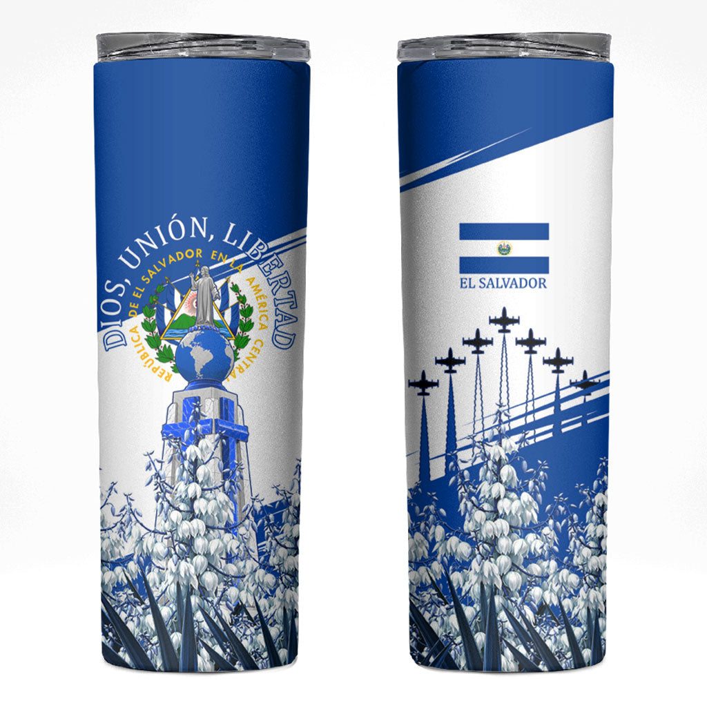 El Salvador Divine Savior Monument Skinny Tumbler Flor De Izote Coat Of Arms Fighter Jets Art