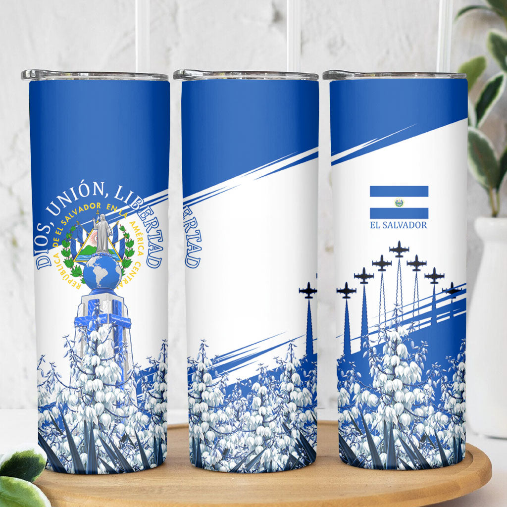 El Salvador Divine Savior Monument Skinny Tumbler Flor De Izote Coat Of Arms Fighter Jets Art