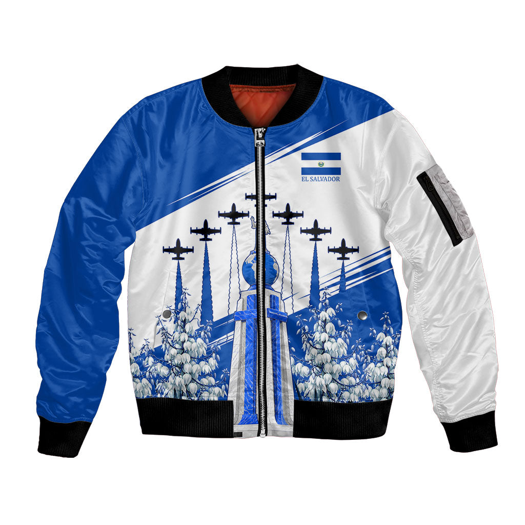 El Salvador Divine Savior Monument Sleeve Zip Bomber Jacket Flor De Izote Coat Of Arms Fighter Jets Art