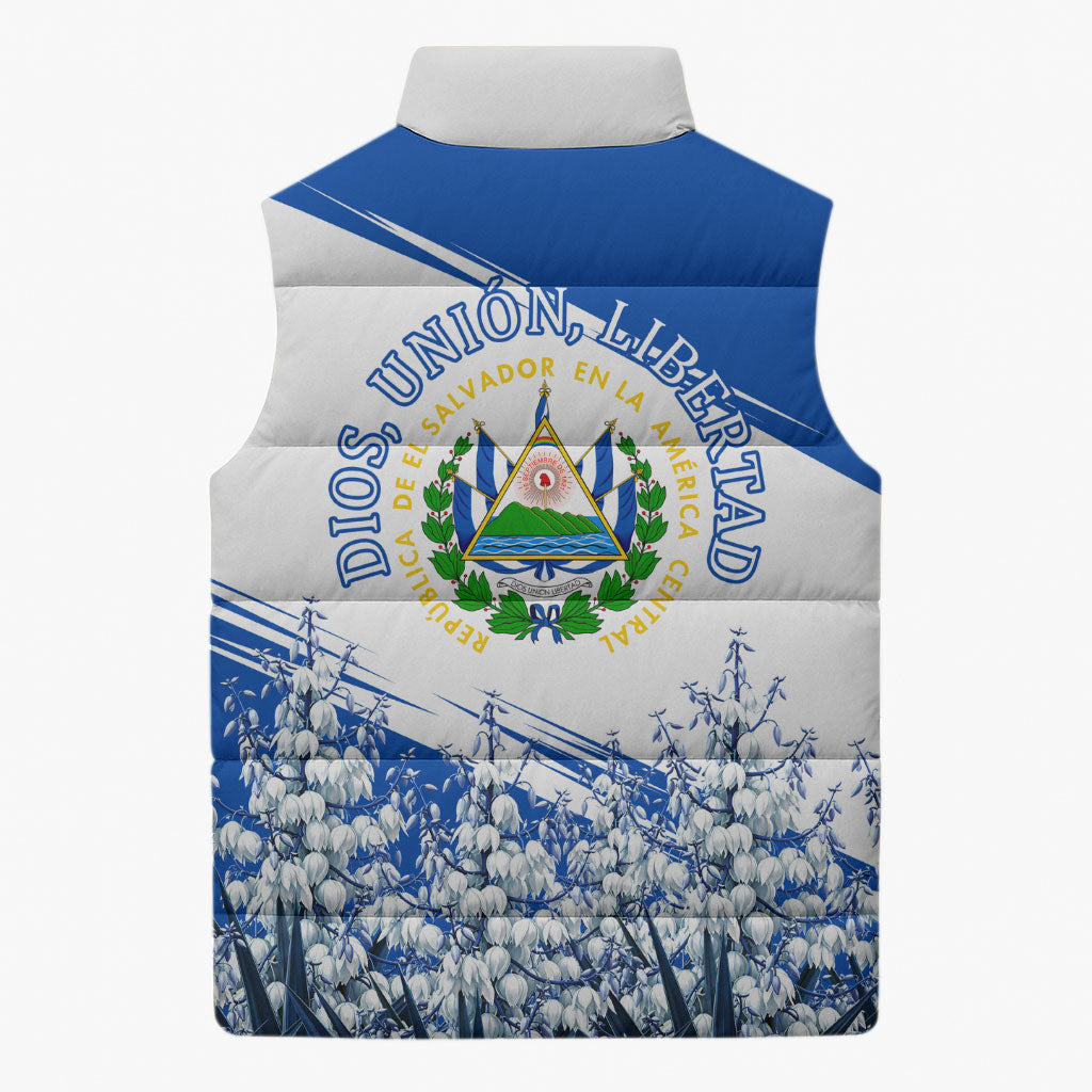 El Salvador Divine Savior Monument Sleeveless Puffer Jacket Flor De Izote Coat Of Arms Fighter Jets Art