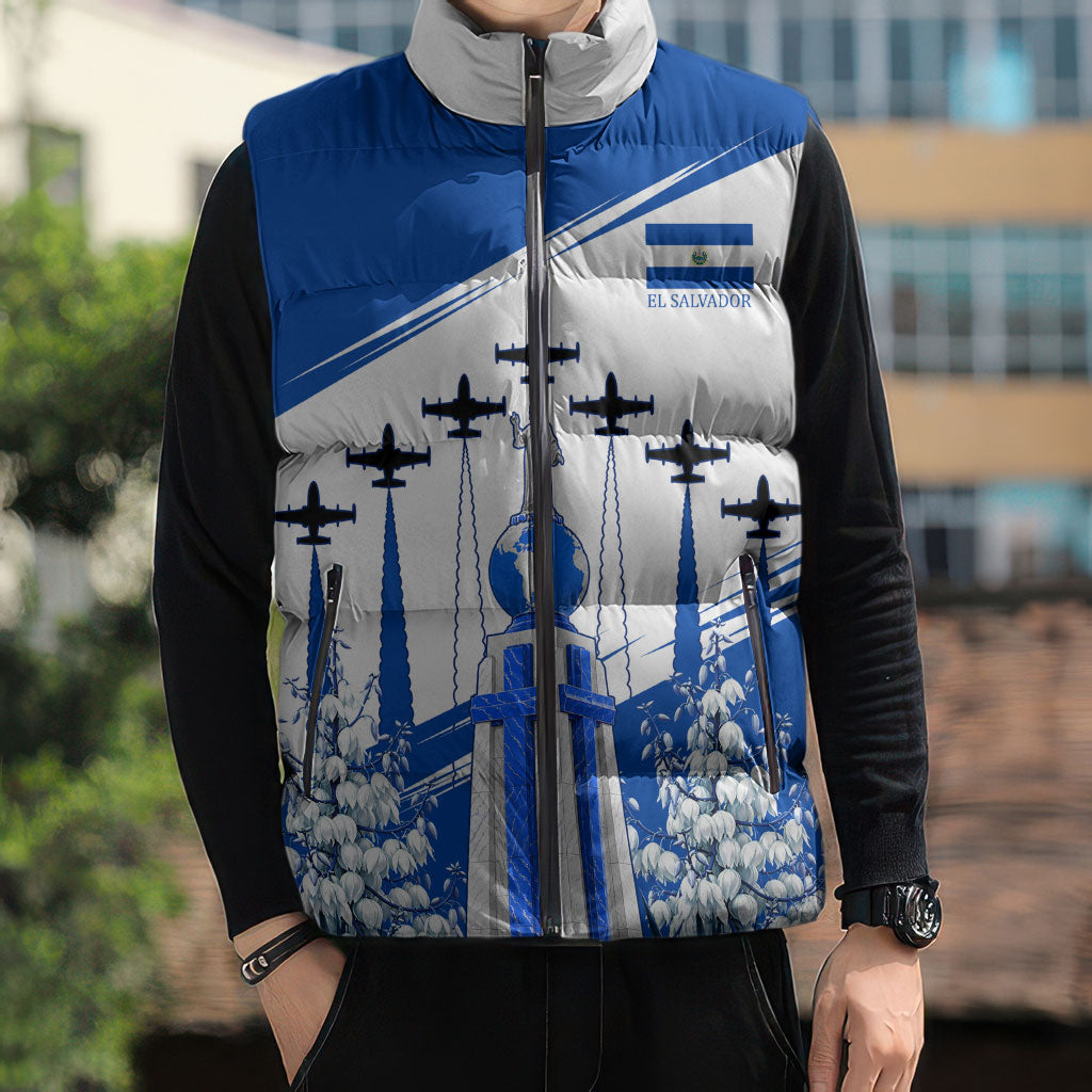 El Salvador Divine Savior Monument Sleeveless Puffer Jacket Flor De Izote Coat Of Arms Fighter Jets Art