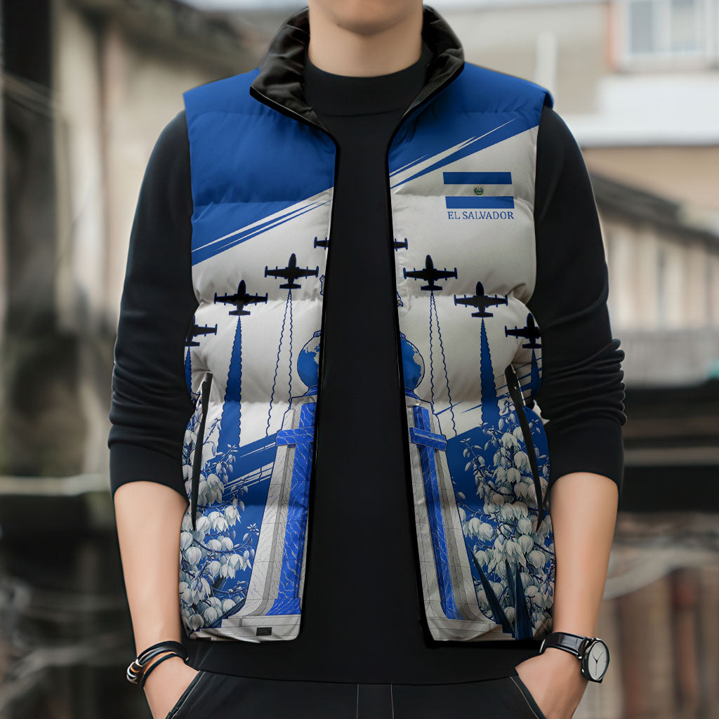 El Salvador Divine Savior Monument Sleeveless Puffer Jacket Flor De Izote Coat Of Arms Fighter Jets Art