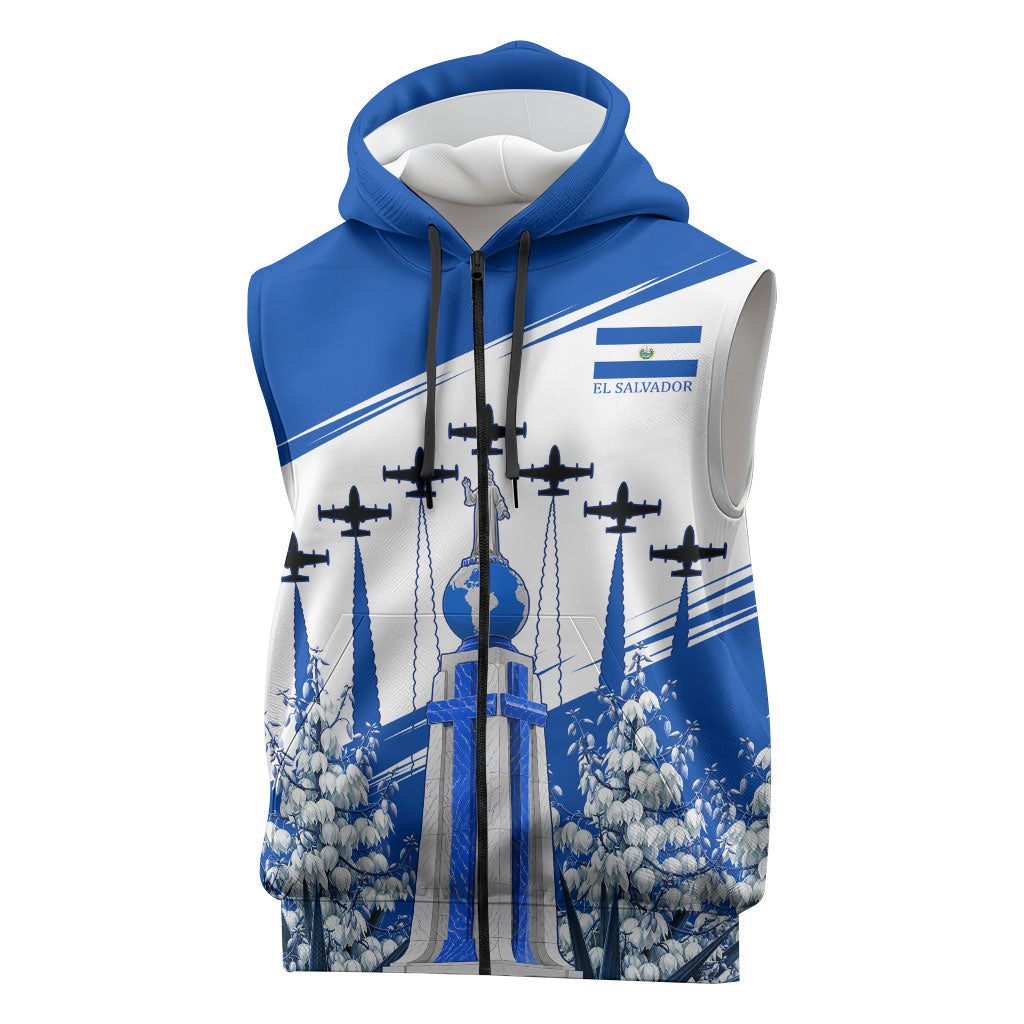 El Salvador Divine Savior Monument Sleeveless Zip Hoodie Flor De Izote Coat Of Arms Fighter Jets Art