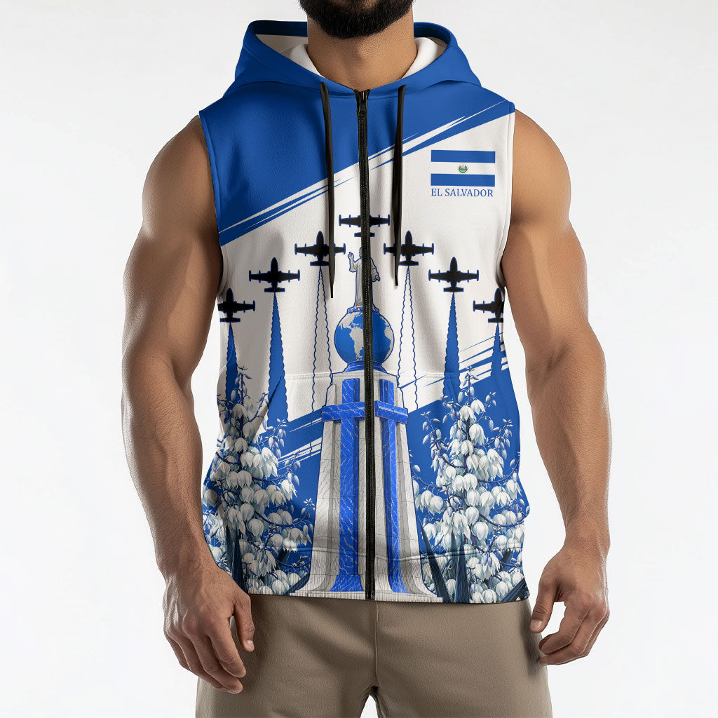 El Salvador Divine Savior Monument Sleeveless Zip Hoodie Flor De Izote Coat Of Arms Fighter Jets Art