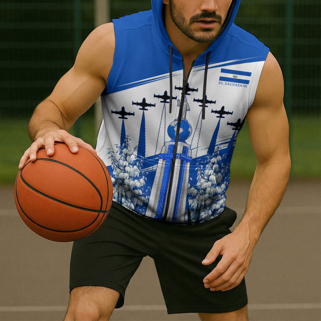 El Salvador Divine Savior Monument Sleeveless Zip Hoodie Flor De Izote Coat Of Arms Fighter Jets Art