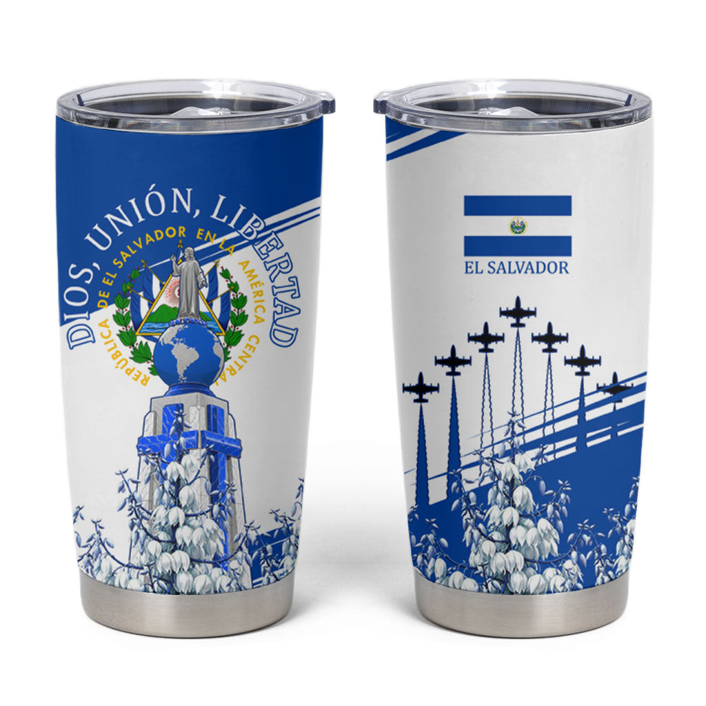 El Salvador Divine Savior Monument Tumbler Cup Flor De Izote Coat Of Arms Fighter Jets Art
