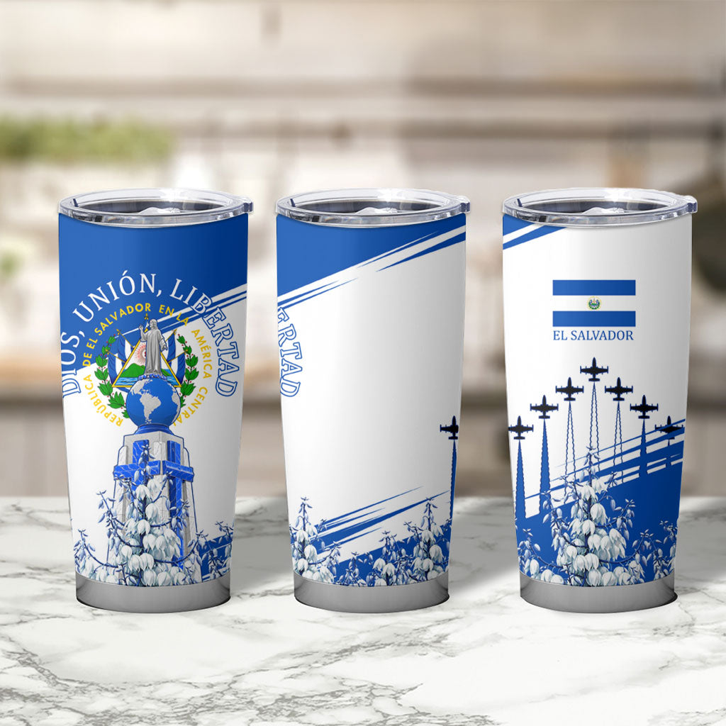 El Salvador Divine Savior Monument Tumbler Cup Flor De Izote Coat Of Arms Fighter Jets Art