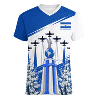 El Salvador Divine Savior Monument Women V-Neck T-Shirt Flor De Izote Coat Of Arms Fighter Jets Art